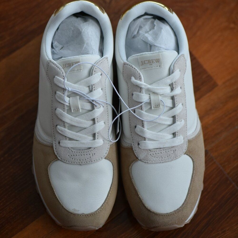 J.Crew Spring Trainer Sneaker Size 7.5 W White Cream New Gold Minimalist Beige